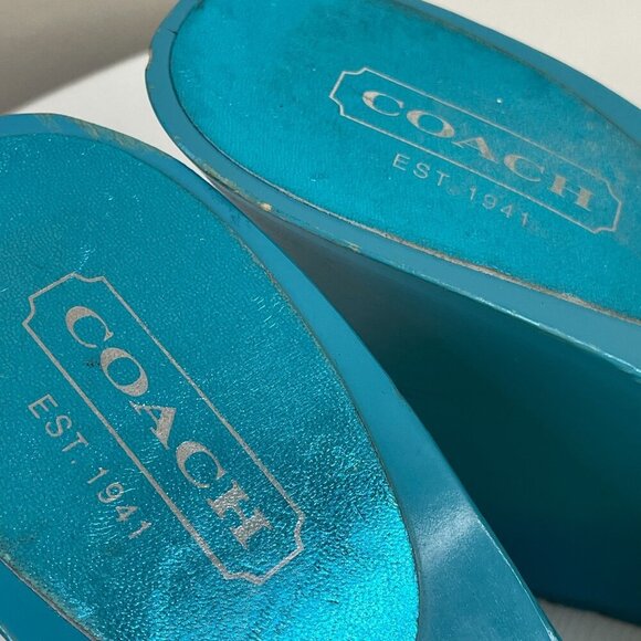 Coach Wedge Sandals Womens 8 Blue Slip On Fabric Studded VINTAGE *Read* - Picture 2 of 15